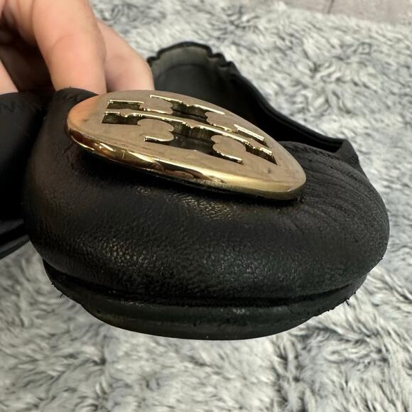 Tory Burch Minnie Ballet Flats Black Leather Gold Circle Logo Size 7M Loafers - Picture 7 of 13
